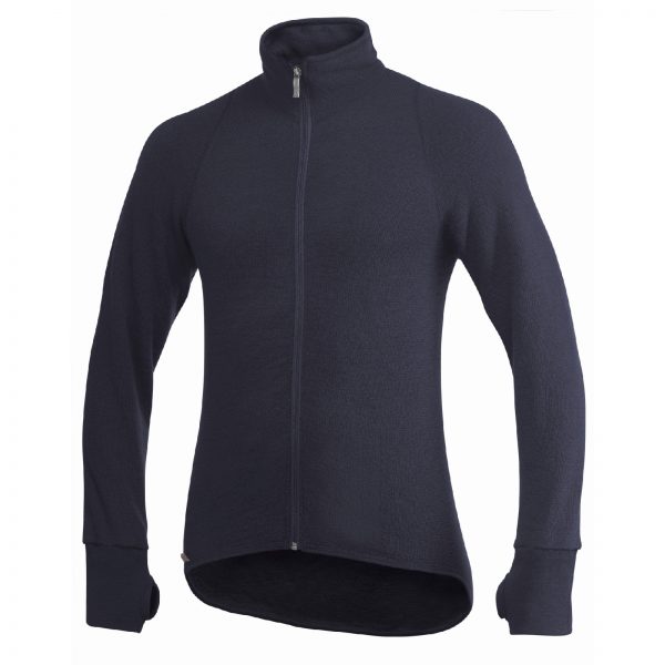 Framsida av blå mellanlager tröja med hög krage och långt blixtlås. Namn på produkt Full Zip Jacket 400
